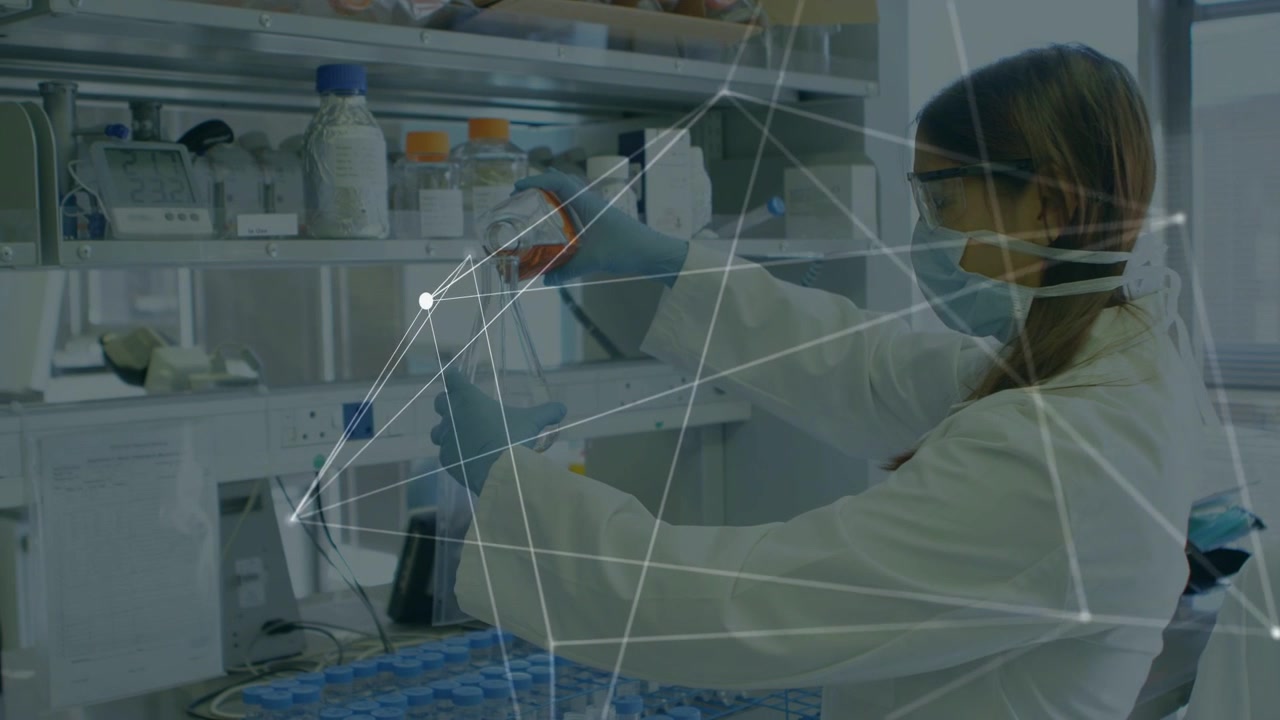Lab tech reaching pipette, transferring samples into blue rack while network overlay guiding prep