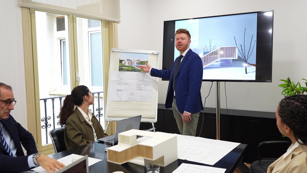 Architect Presenting Building Design and Blueprints to Business Team in Office