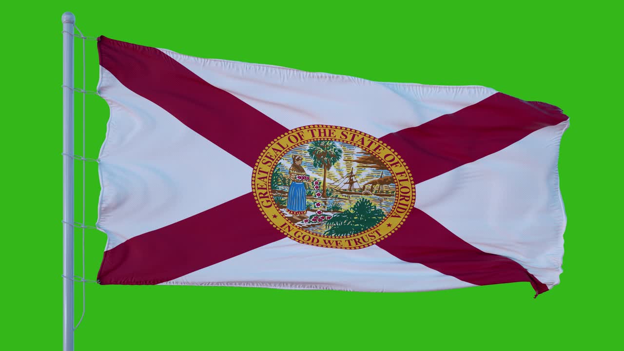 bandera del estado de florida ondeando en el viento contra el fondo de la pantalla verde