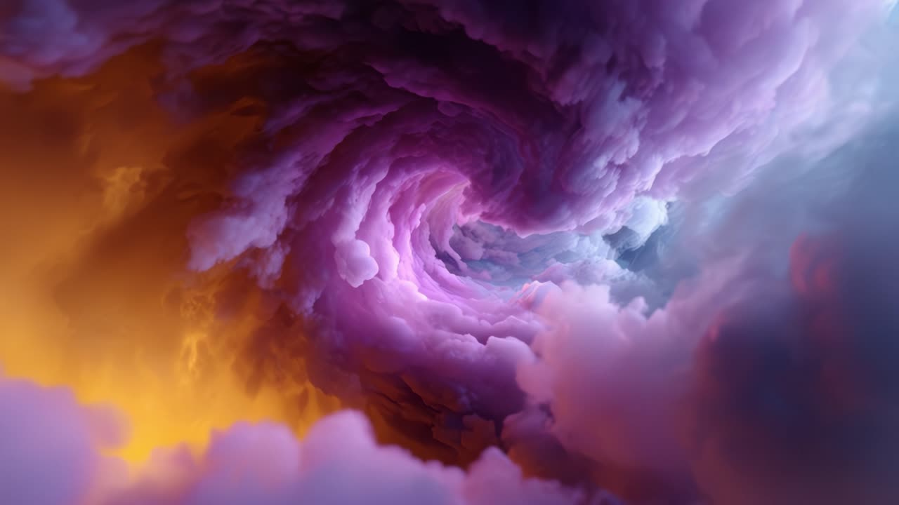 Nuvole vorticose e ipnotizzanti in un cielo spettacolare, con vivaci tonalità viola e arancioni, catturate in motivi enigmatici e splendidi di formazioni naturali.
