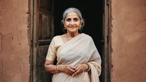 elderly woman wearing traditional sari standing near weathered wooden door, representing peaceful rural lifestyle and cultural heritage in authentic village environment
