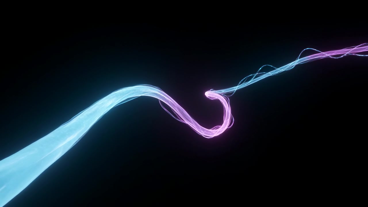 Entering left and right, cyan ribbon, magenta strand converging in black void, looping near strands