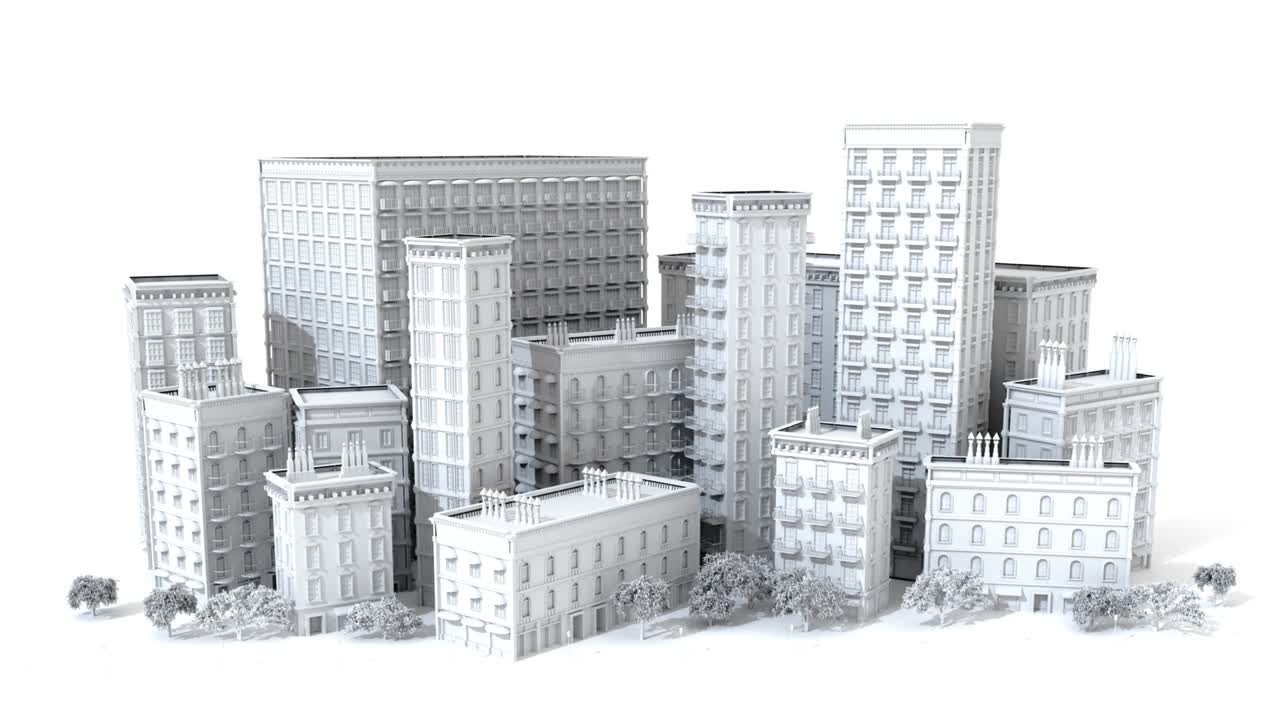 카메라가 주기적인 건물과 함께 아름다운 도시 주변을 날아갑니다. 3d 렌더링 4k