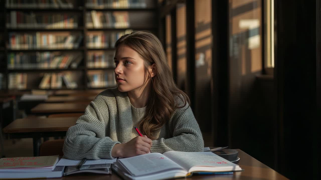 Skanning av åpne bøker, student i grå genser som snur seg, hviler øynene i biblioteket med rød penn