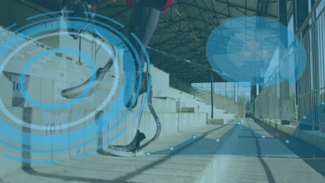 animación de datos digitales sobre hombre discapacitado afroamericano entrenando con cuchilla de correr