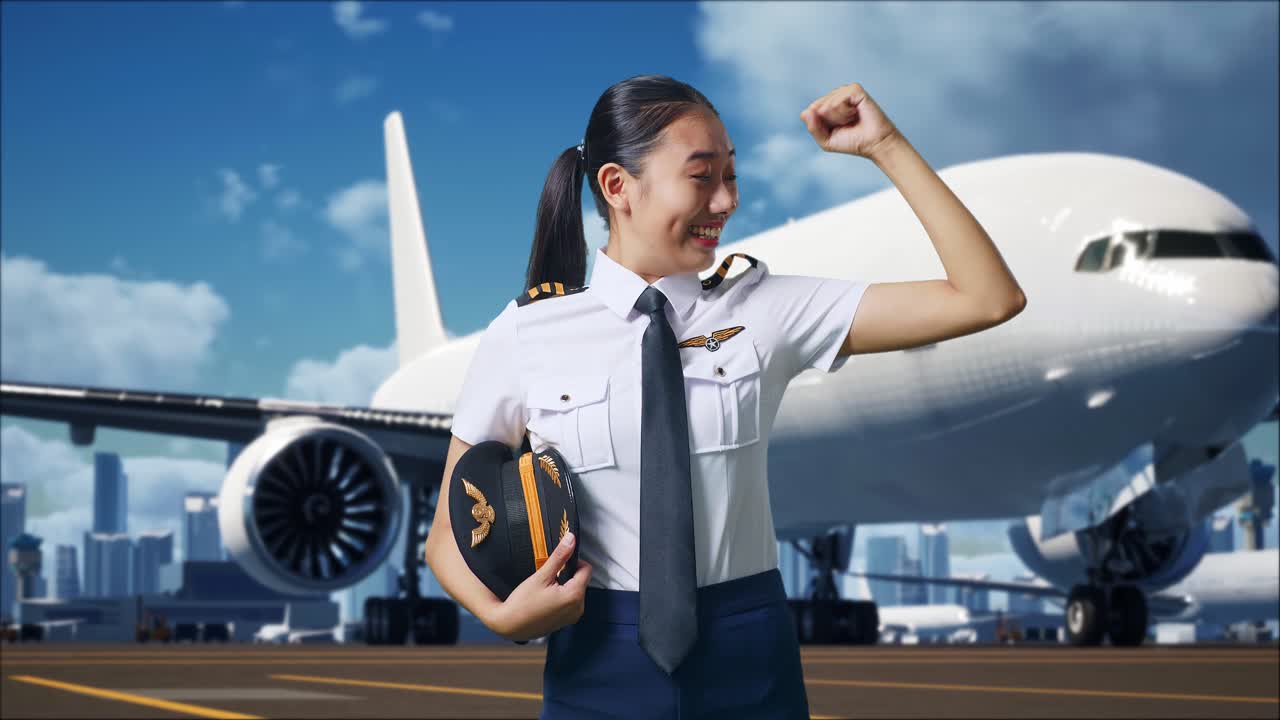 아시아 여성 조종사가 미소 짓고 뒷면에 비행기가 있는 공항에 서서 팔꿈치를 구부린다.