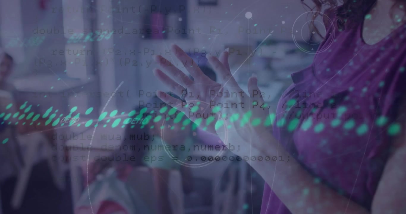 Animation of data processing over caucasian teacher with diverse schoolchildren