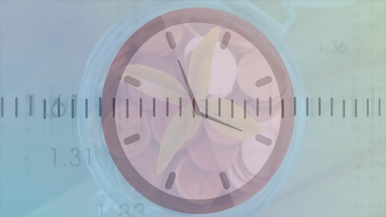 animación del procesamiento de datos financieros sobre un reloj móvil
