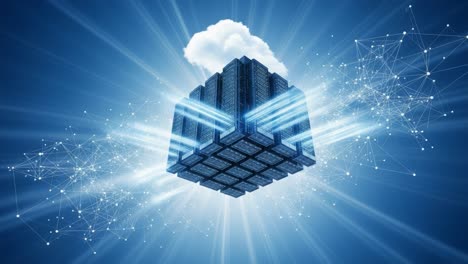 a futuristic representation of cloud computing and data storage, featuring a 3d cube surrounded by radiant light and network connections in a digital environment
