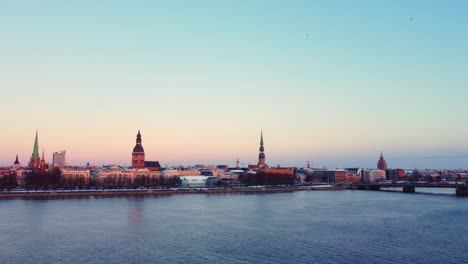 Panoramic-view-on-Riga,-Capital-City-of-Latvia-during-golden-hour-in-winter