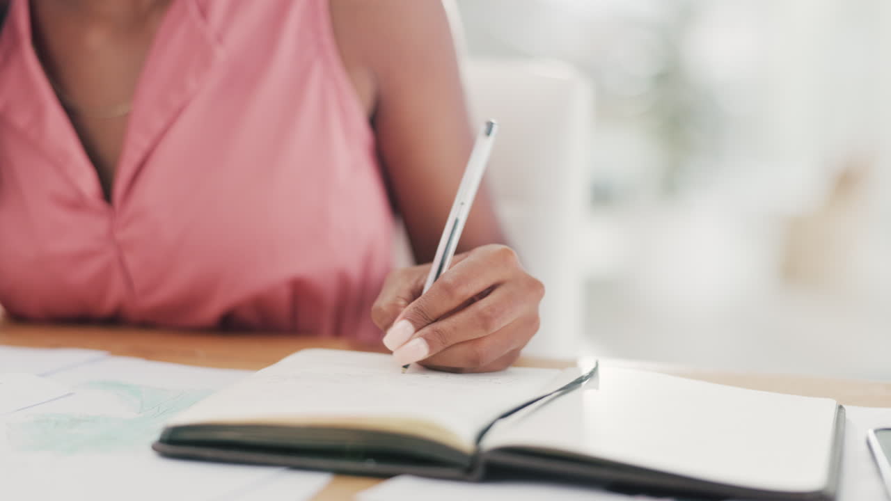 Woman, hands and writing business idea