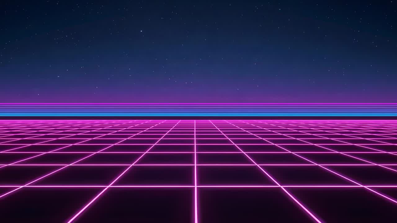 Moving neon grid and horizon advancing toward lens at night, camera zooming to suggest depth