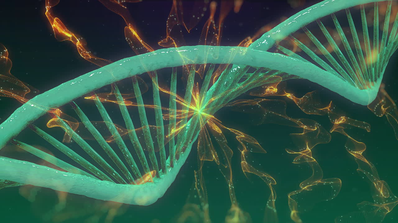 Animaatio DNA-juosteesta pyörimässä hehkuvien valojousten yllä vihreällä taustalla.