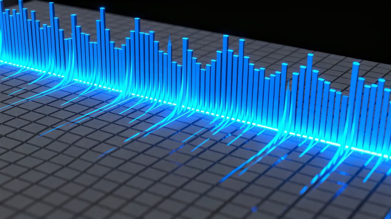 Audio signal driving neon-blue bars rising from lit baseline across tiled grid, with light streaks