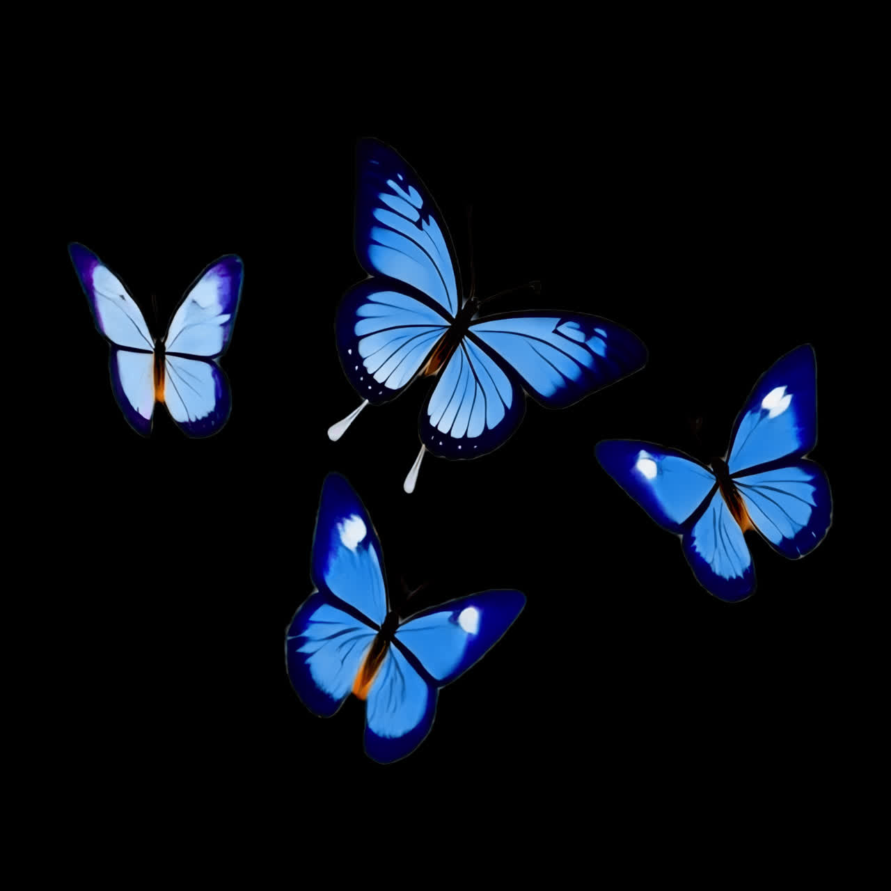 Animazione di vivaci farfalle blu che svolazzano, risorsa isolata, video 4K trasparente, canale alfa