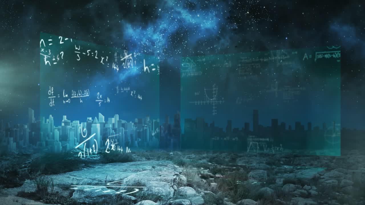 수학 데이터의 애니메이션, 화면에 도시 풍경과 검은 바탕에 구름
