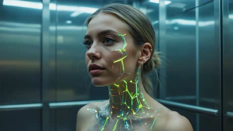 futuristic woman with glowing tech overlay