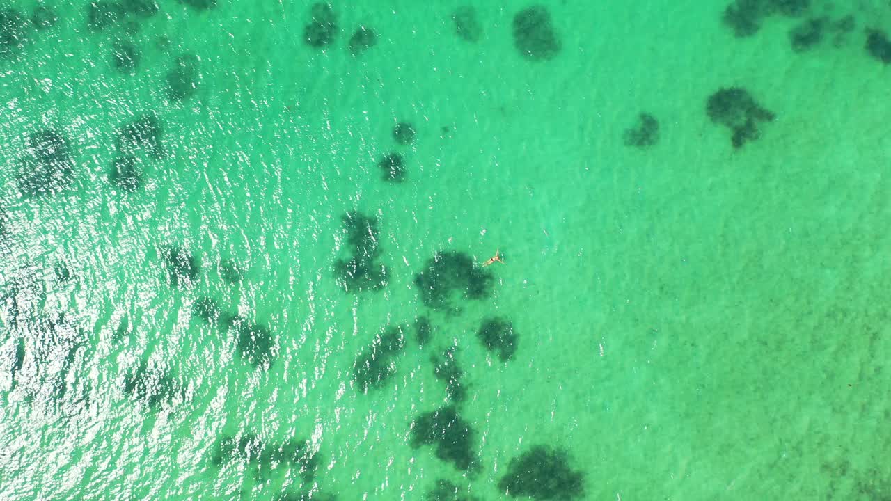 topless woman tourist swimming in the beautiful azure crystal clear sea water. Aerial high angle