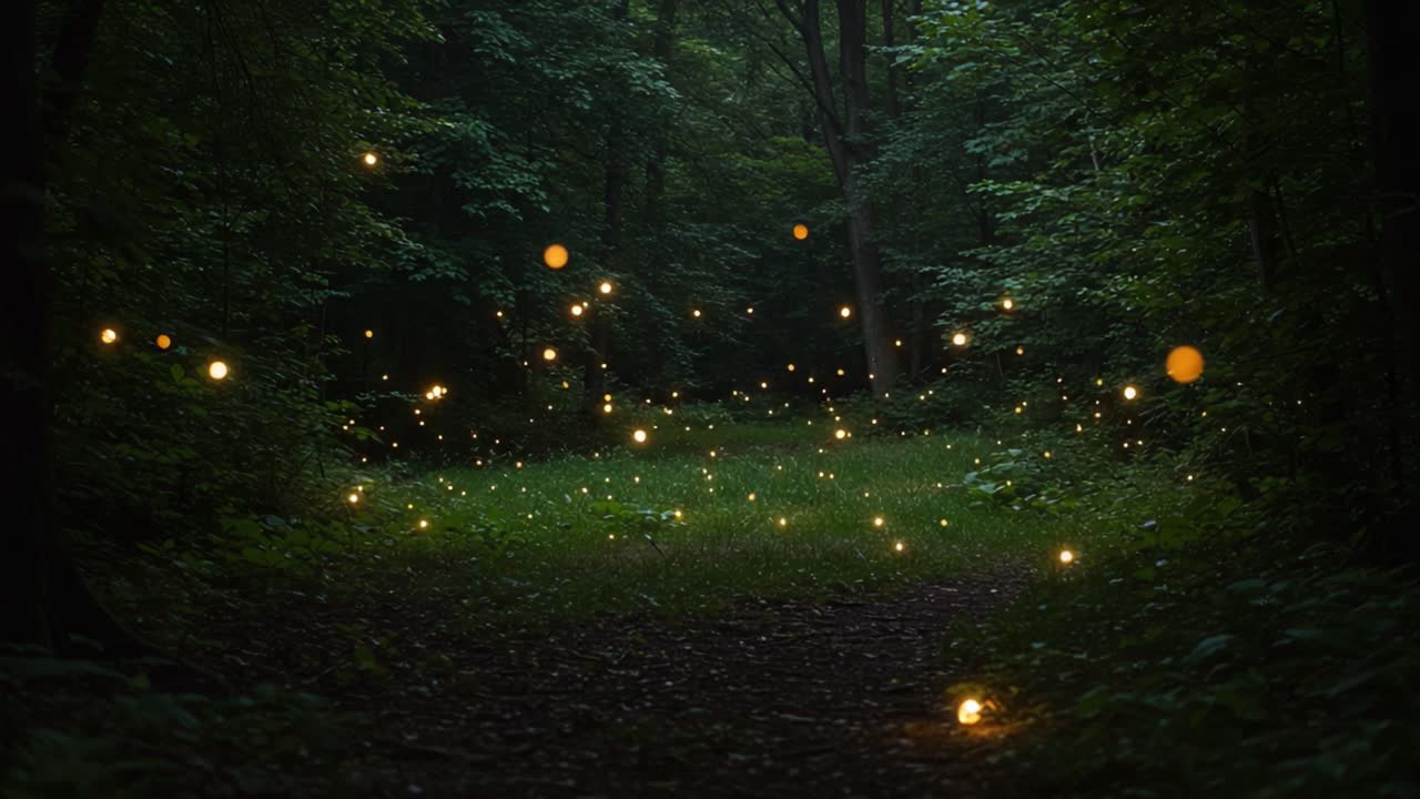 A Magical Encounter with Fireflies Illuminating a Serene Forest Path at Dusk, Enhancing the Enchanted Atmosphere of Nature's Hidden Wonders
