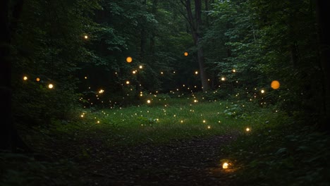 a magical encounter with fireflies illuminating a serene forest path at dusk, enhancing the enchanted atmosphere of nature's hidden wonders
