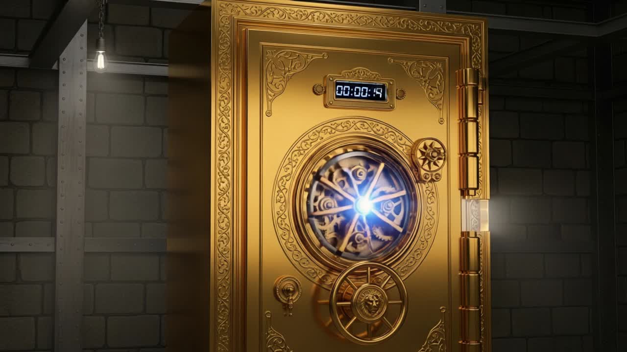 A Magnificent Golden Safe with Intricate Mechanisms and Countdown Timer, Showcasing the Tension of a Last-Minute Vault Opening in a Dramatic Setting