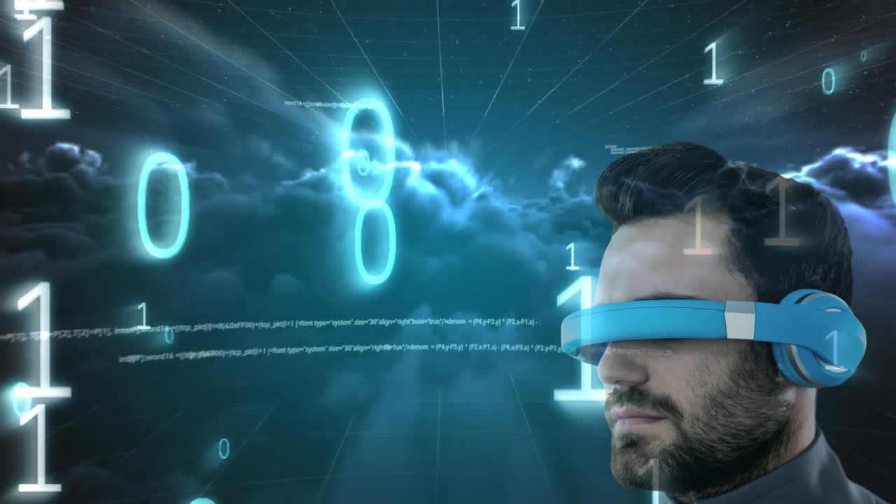 hombre caucásico con auriculares vr sobre codificación binaria y procesamiento de datos contra nubes oscuras