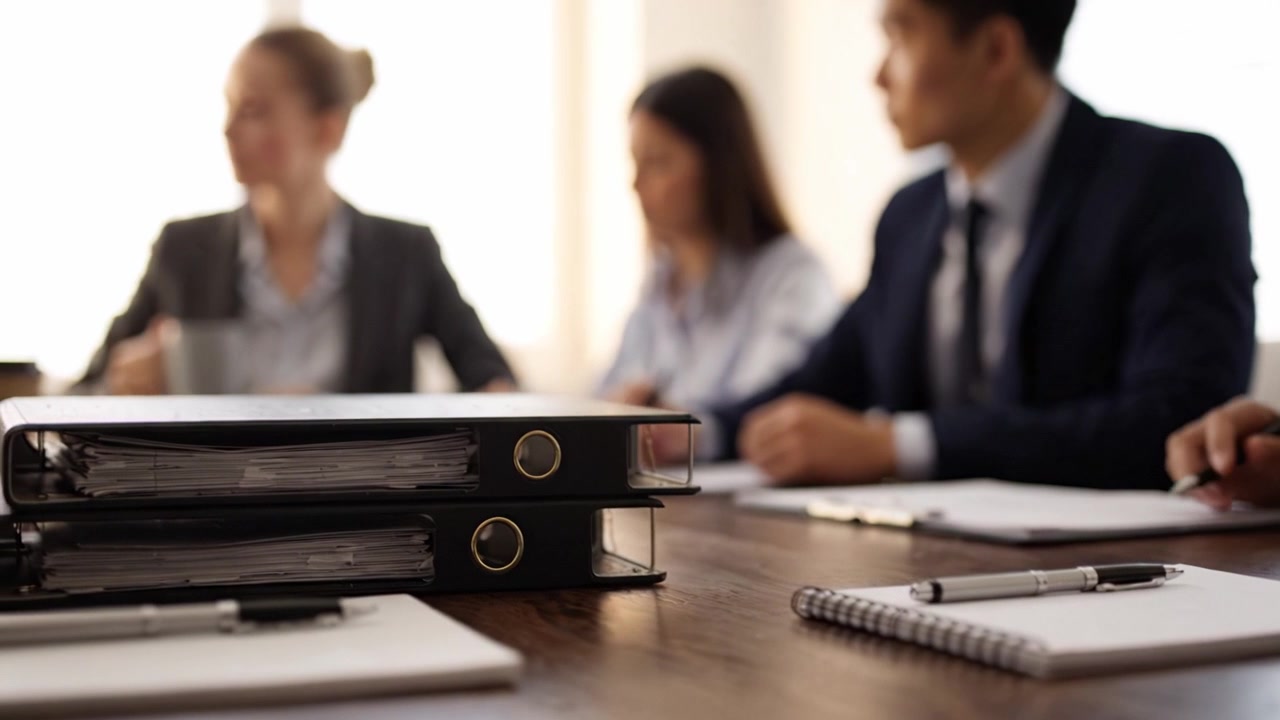 Geschäftstreffen mit Fachleuten im Gespräch, mit Ordnern, Notizblöcken und Dokumenten auf einem hölzernen Konferenztisch in einer hellen Büroumgebung.
