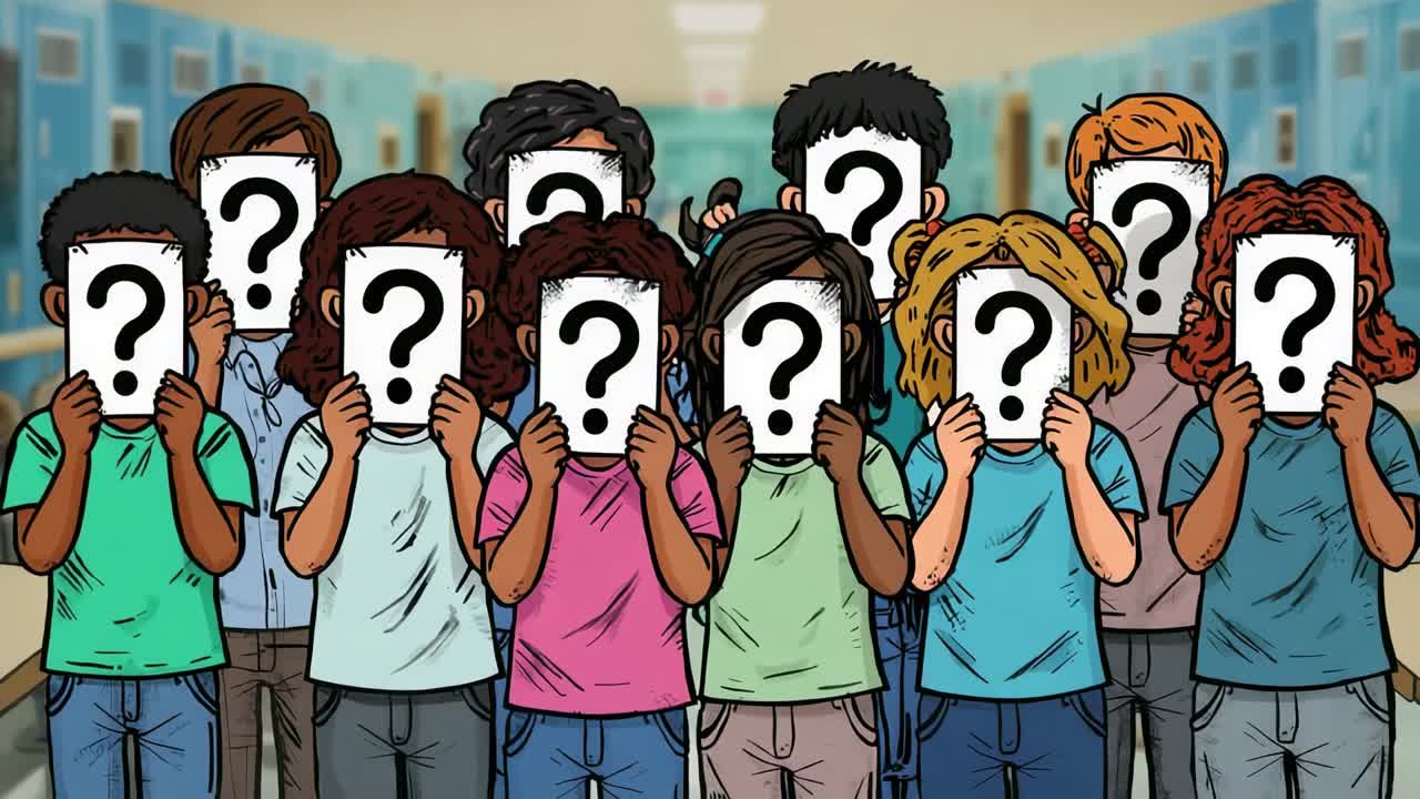 Zooming camera capturing preteen students stepping forward school corridor, showing question marks