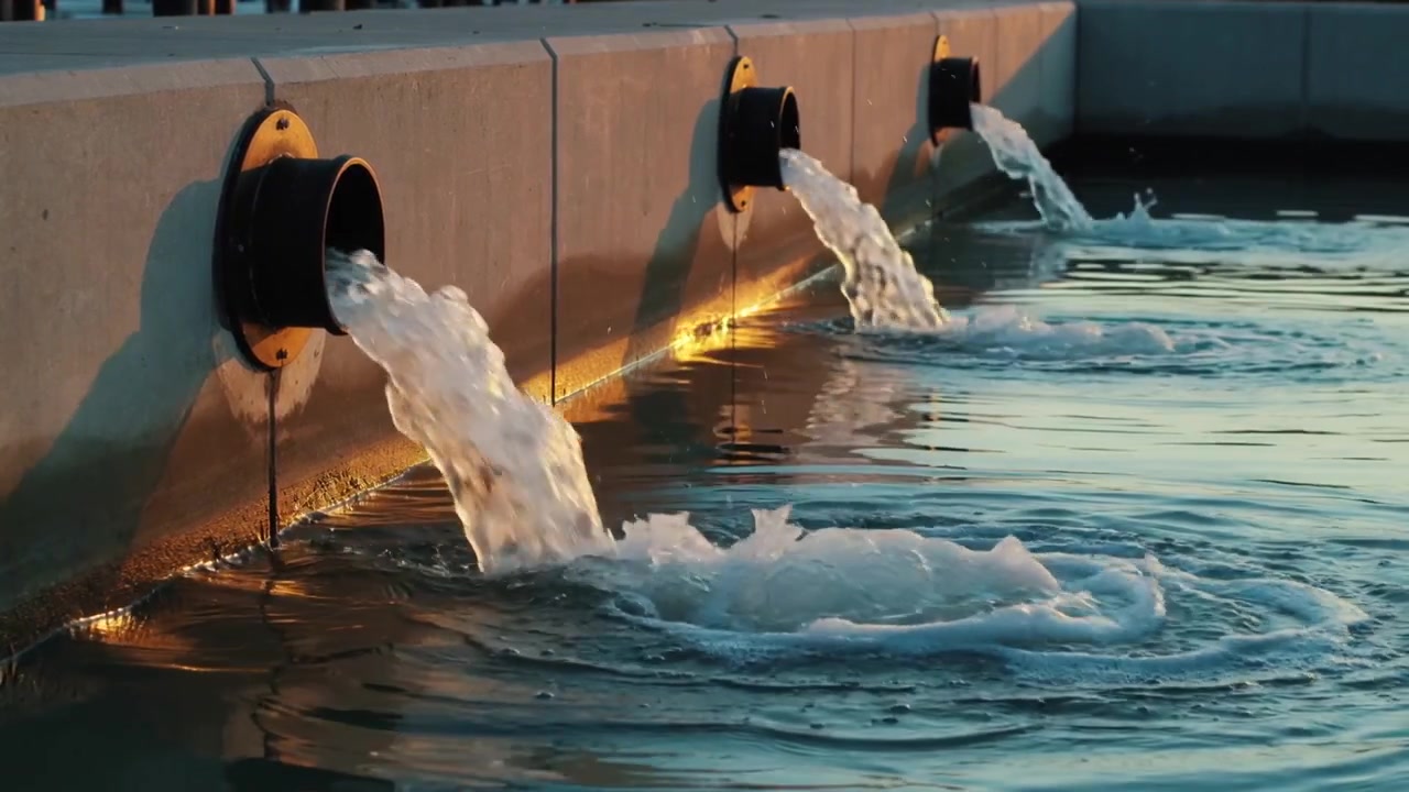 Tre uscite circolari iniziano a far scorrere l'acqua in una piscina con banchina in cemento, creando schizzi e increspature
