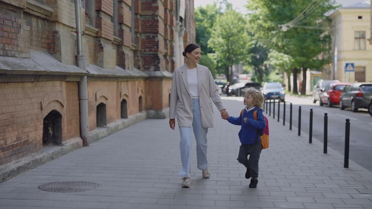 Mother and Son Walking to School