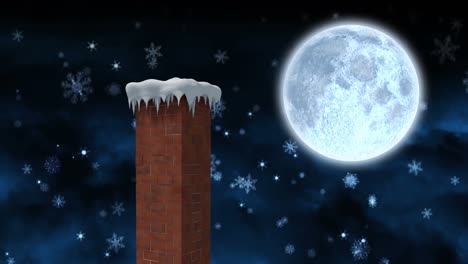 Animación-Del-Paisaje-Navideño-Invernal-Con-Chimenea,-Nieve-Cayendo-Y-Luna