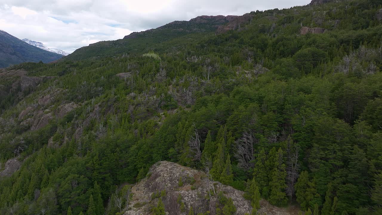 vuelo aéreo sobre la ladera boscosa en futaleufu