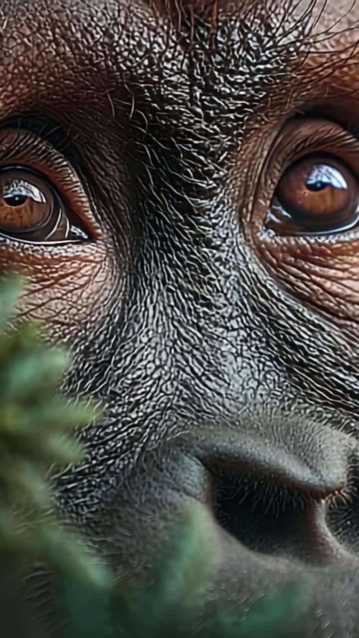 Fesselnde Nahaufnahme der ausdrucksstarken Augen eines Gorillas, die die Feinheiten von Fell- und Hautdetails in einem natürlichen Lebensraum hervorhebt