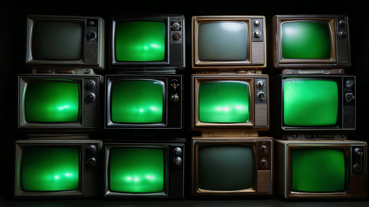 A Vintage Television Display Featuring a Grid of Twelve Retro TVs with Green Screens, Boldly Showcasing a Nostalgic Aesthetic that Blends Technology with Artistic Expression and Vintage Charm