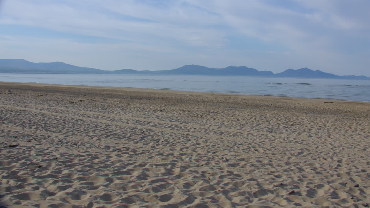Extra wide shot panning shot looking east of Llanddwyn beach at the Newborough National Nature Reserve