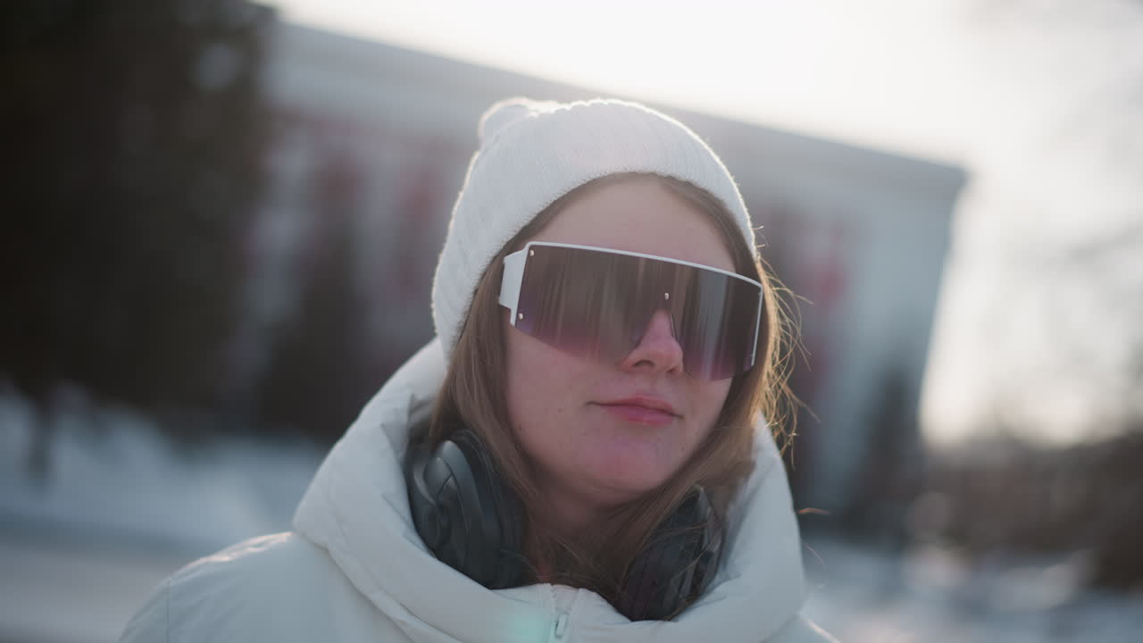 Close up of creative young woman donning tinted shades and headphones while joyful swaying to music under bright winter sky wind tousles hair rosy cheeks and manicured nails catching sunlight