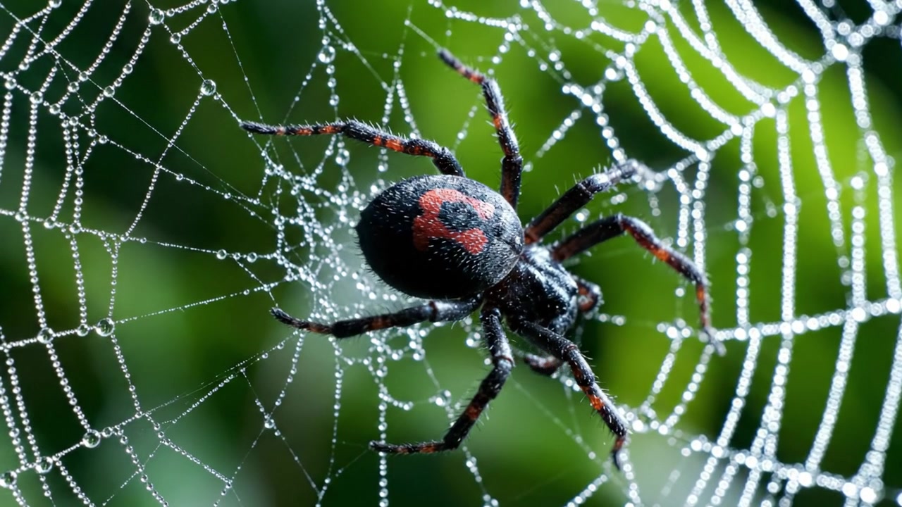 Et detaljert nærbilde av en edderkopp i sitt duggfylte nett, som fanger de intrikate mønstrene og skjønnheten i naturens design