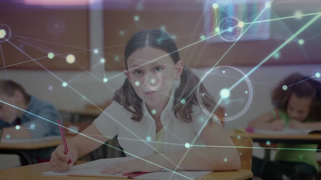 Animation of network of connections over schoolgirl writing