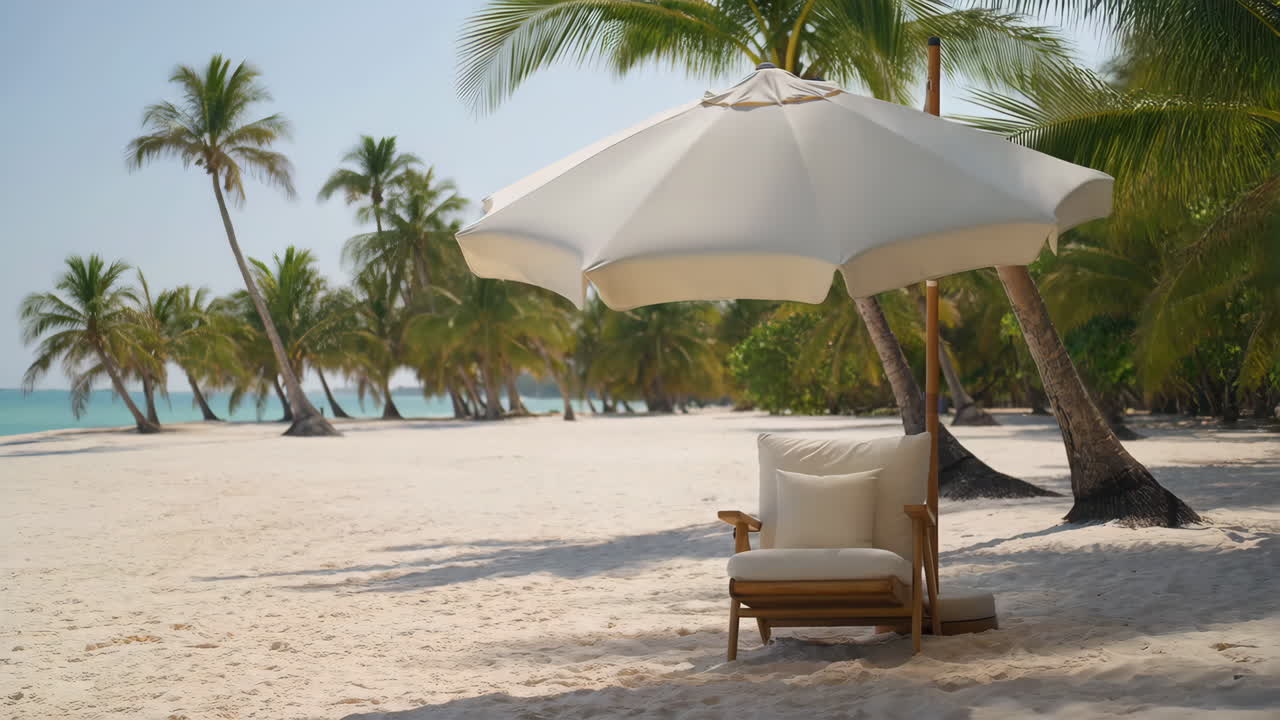 Spiaggia tropicale idilliaca con sedia a sdraio e ombrellone.