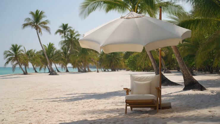 Spiaggia tropicale idilliaca con sedia a sdraio e ombrellone.