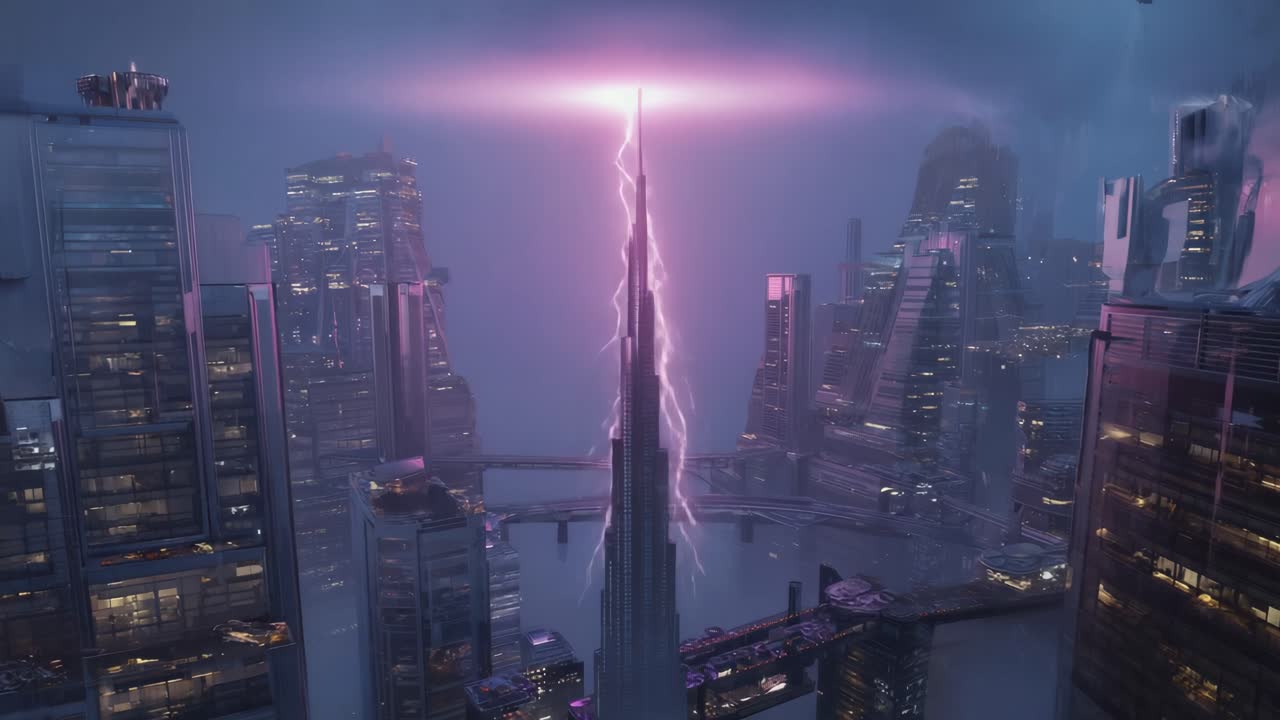 Futuristic Cityscape with Lightning