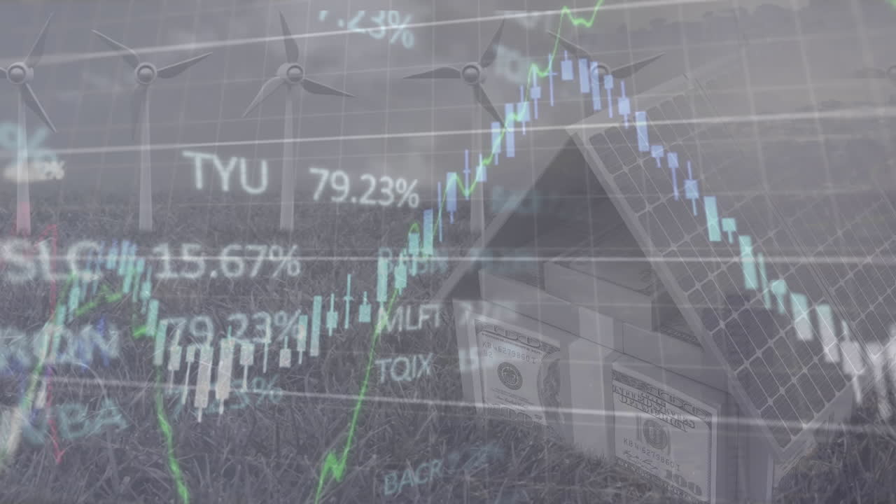 풍력 터빈과 하우스를 통해 데이터 처리의 애니메이션