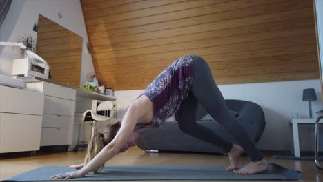 a young woman stretches in the downward facing dog or adho mukha svanasana pose on a yoga mat