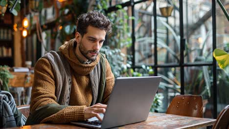 hombre trabajando en una computadora portátil en un café