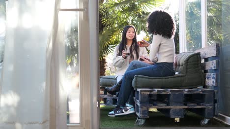 diverse girlfriends sitting on terrace and chatting