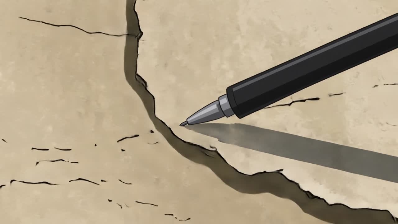 Drawing ballpoint pen tracing lines marking cracks on torn parchment on desk on contact, copy space