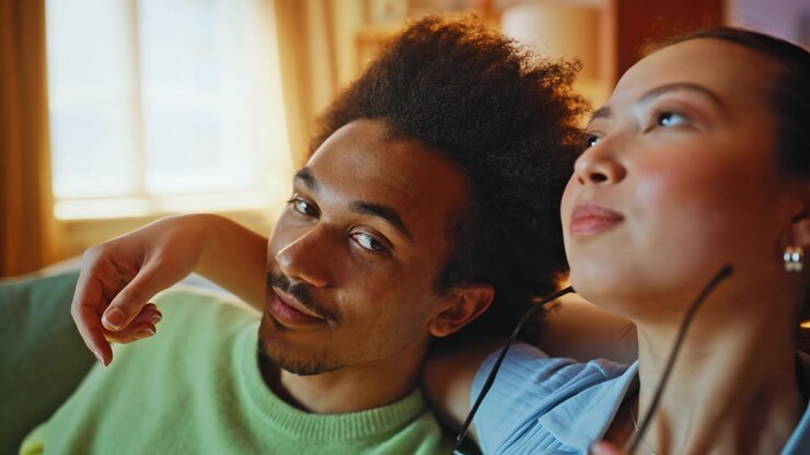 Girlfriend removes boyfriend glasses close up. Playful multiracial couple sofa.