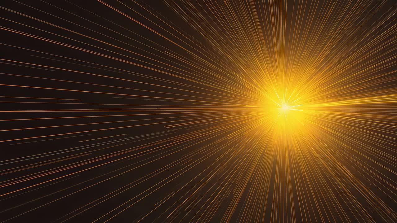 Brightening golden core emitting thin rays across dark field with specks and spikes, copy space