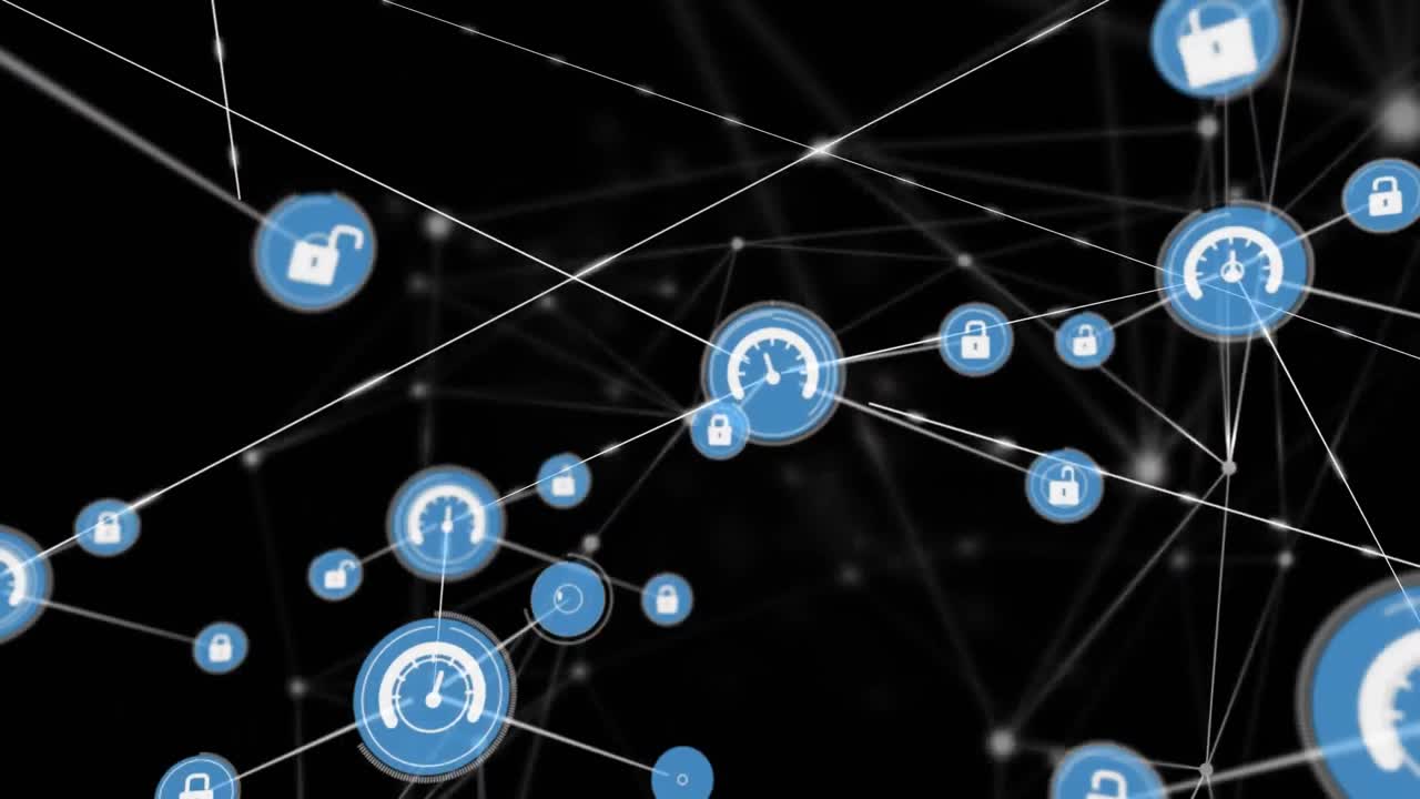 Animation of networks of connections with icons over black background