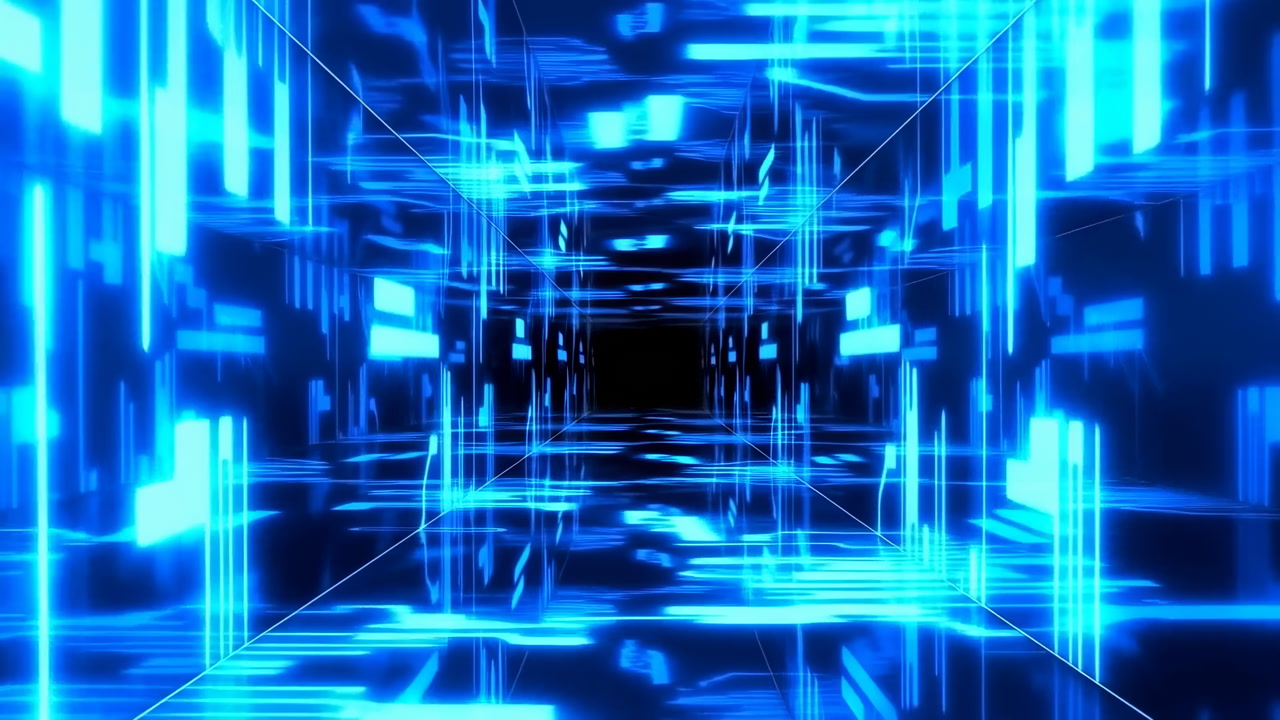 Immersive Blue Data Tunnel With Glowing Vertical Lines And Mirrored Floors, Highspeed Perspective Simulates